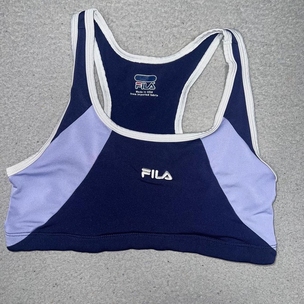 VTG Fila Sports Bra Women's Sz S Navy Lilac Embroider Logo Racerback Made In USA